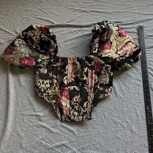 Sz Small Shein Jacquard Black Gold Pink & Blue Cropped Puffy Corset Style Top